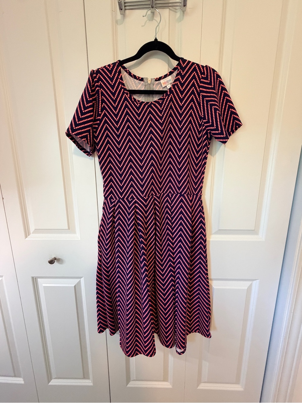 LuLaRoe Amelia Short Sleeve Chevron Fit-and-Flare Dress in Pink and Black